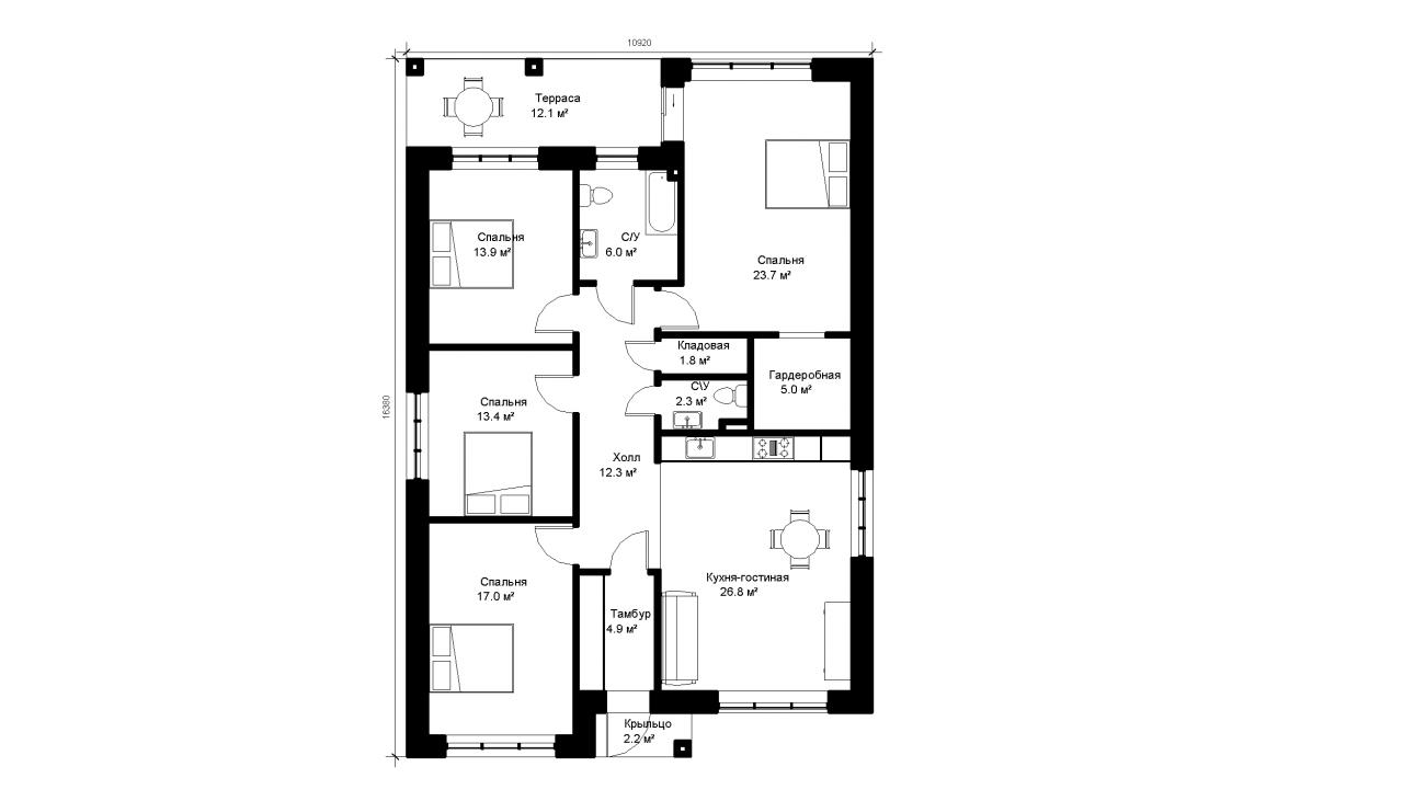 Одноэтажный дом 141 м², 1.44, 6